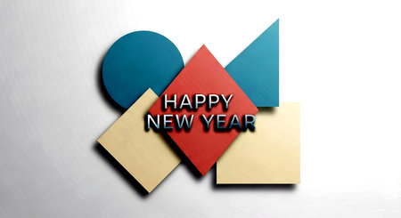 Happy New Year text with 3d geometric shapes on metal background.の素材