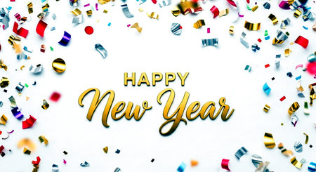 Happy New Year greeting card with confetti on white background. Top viewの素材