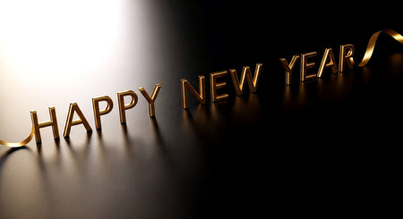 Happy New Year gold text on a black background. 3D Renderの素材