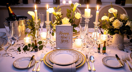 Wedding table setting with white flowers, candles and cutleryの素材