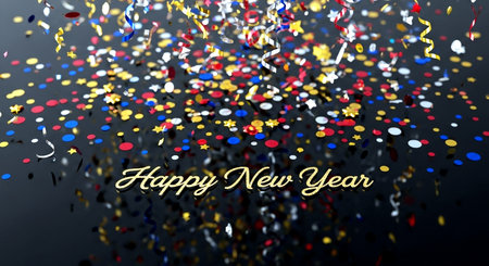 Happy New Year and Merry Christmas card with confetti on black background.の素材