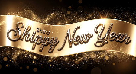 Happy New Year gold text on a gold ribbon. Vector illustration.の素材