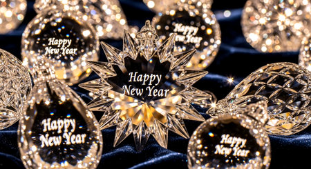 Christmas ornaments on a black velvet background with text Happy New Yearの素材