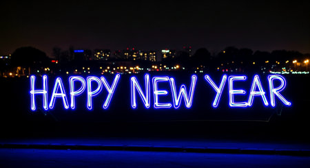 Happy new year written in neon light on the background of the cityの素材