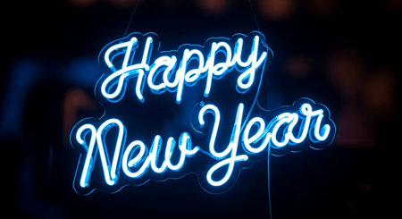 Neon sign with Happy New Year text in blue and white.の素材