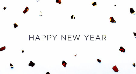 Happy New Year text on white background with falling confetti. Happy New Year concept.の素材