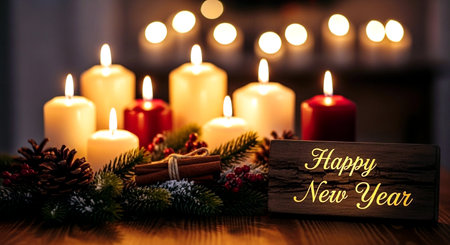 Merry Christmas and Happy New Year greeting card with burning candles, fir branches, cones and snowflakesの素材