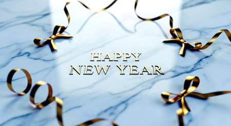 Happy New Year card with gold ribbonle background. 3D renderingの素材