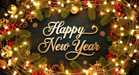 Happy New Year greeting card. Xmas lights garland on dark backgroundの素材