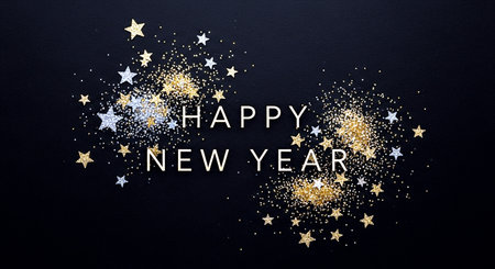 Happy New Year greeting card with golden glitter confetti on black backgroundの素材