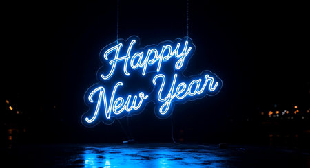 Neon sign with Happy New Year in the city at night.の素材