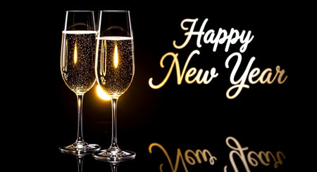 Two champagne glasses with golden sparkles on a black background with the words Happy New Yearの素材