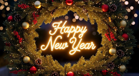 Happy New Year greeting card with Christmas wreath on bokeh backgroundの素材