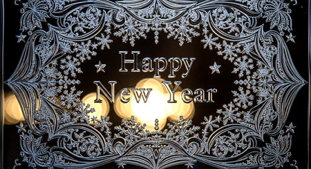 Happy New Year greeting card on frosted window. 3D renderingの素材