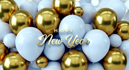 Happy New Year gold and white balloons background. 3D Renderingの素材