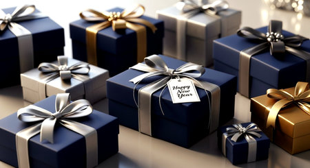 Blue and gold gift boxes with a label on it. 3D rendering.の素材