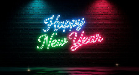 Happy New Year neon sign on brick wall background. 3D renderingの素材