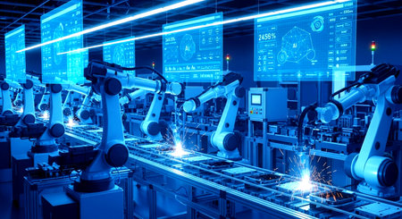 3d rendering robotic arms working on a factory production line in blue lightの素材