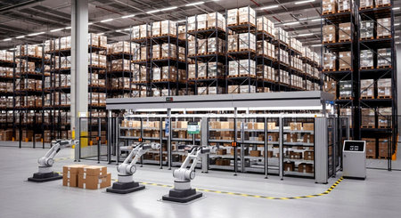 3d rendering robotic arms working in warehouse with shelves full of boxesの素材