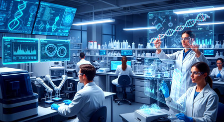 Science research and development concept with team of scientists working in laboratory.の素材