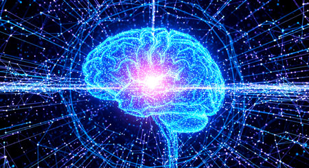 3D illustration of human brain with glowing connections on dark background.の素材