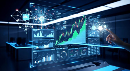 Close up of human hand touching with finger virtual panel with infographsの素材