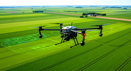 Drone quadcopter with digital camera flying over agricultural field.の素材