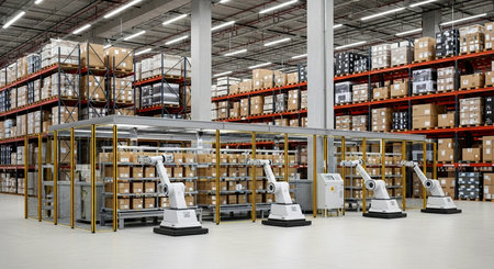 3d rendering robotic arms working in warehouse of a modern industrial factoryの素材