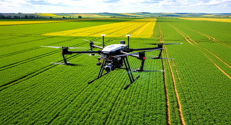 Drone spraying pesticides on a large field. Drone spraying pesticides on agricultural fields.の素材