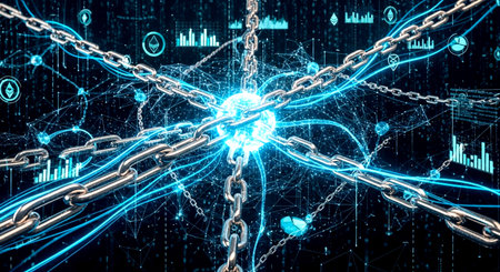 3D rendering of abstract network connection on blue background. Technology and communication conceptの素材