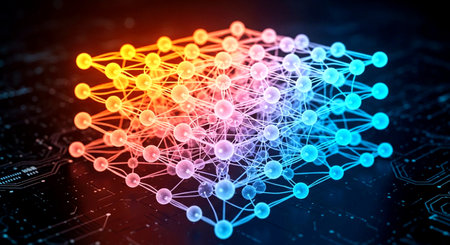 Young woman using virtual reality headset against black background with purple and blue lightsの素材