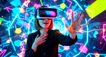 Young woman wearing virtual reality goggles. Future technology concept. 3D renderingの素材