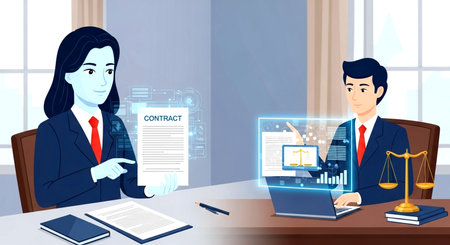 Man and woman sitting at the table in front of laptop and signing contract. Vector illustration.の素材