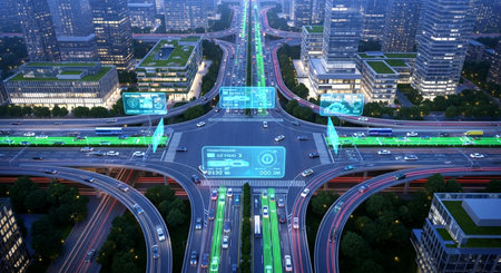 Highway and cityscape at night with digital holographic interface 3D renderingの素材