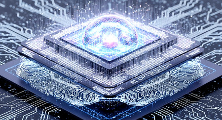 3D rendering of a cyber security concept with a hologram of a human eye over a circuit board backgroundの素材