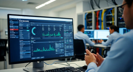 Businessman analyzing stock market data on computer screen in modern office.の素材
