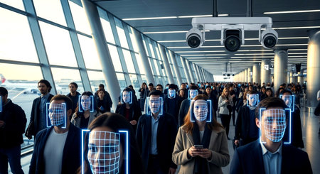 Group of business people and security camera in airport terminal. 3d rendering.の素材