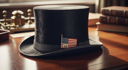 United States of America flag on top of top hat on wooden tableの素材