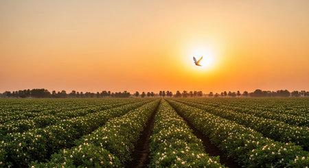 Potato field at sunset with flying seagull. Agricultural landscape.の素材