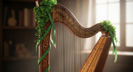 Harp with green bow and clover leaves, 3d renderの素材