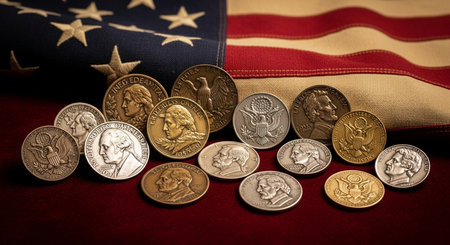 American flag and coins. Close-up. Selective focus.の素材