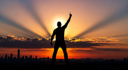 Silhouette of a businessman with raised hands against the background of the sunsetの素材