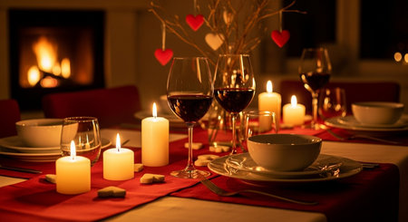 Valentine's Day table setting with candles and glasses of red wineの素材
