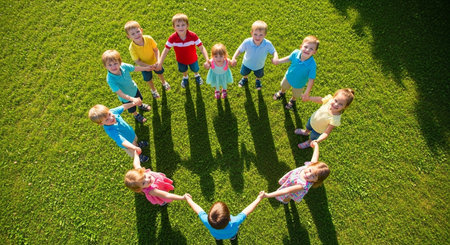 Group of happy kids with dumbbells standing in circle on grassの素材