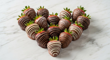Strawberry chocolate dipped strawberries in a heart shape on a marble backgroundの素材