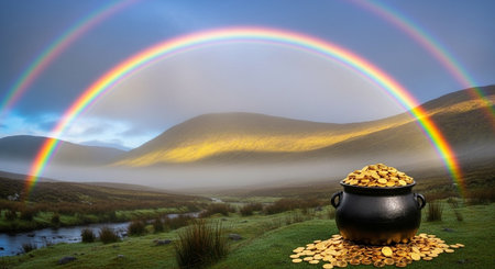 Pot of gold and rainbow on the hillside. Conceptual imageの素材