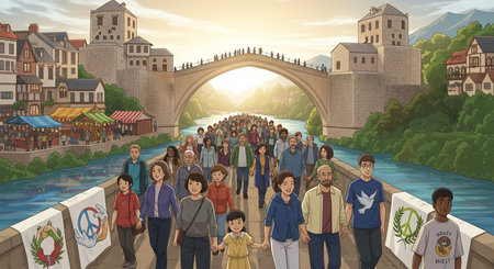 Cartoon scene with people on the bridge over the river illustration for childrenの素材