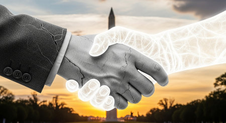 Conceptual image of handshake between two businessmen against sunset sky backgroundの素材