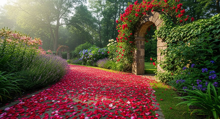 Beautiful blooming garden with red rose petals and stone archの素材