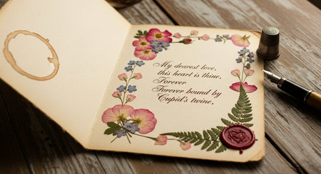 Vintage postcard with ink pen and flowers on wooden background.の素材